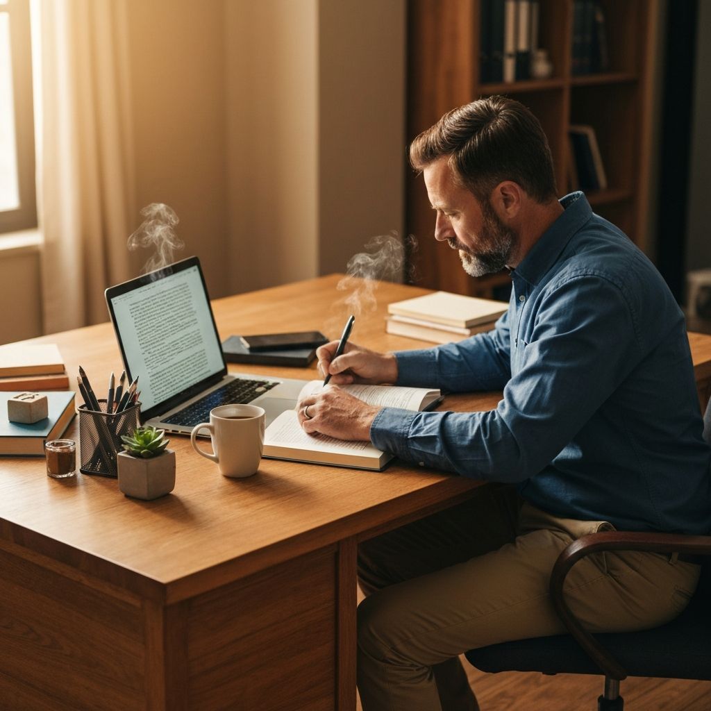 Autor piszący książkę przy biurku